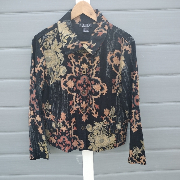 Citron Santa Monica Jacket Womens Large Floral Asian Button Front Black Artsy - Picture 1 of 8